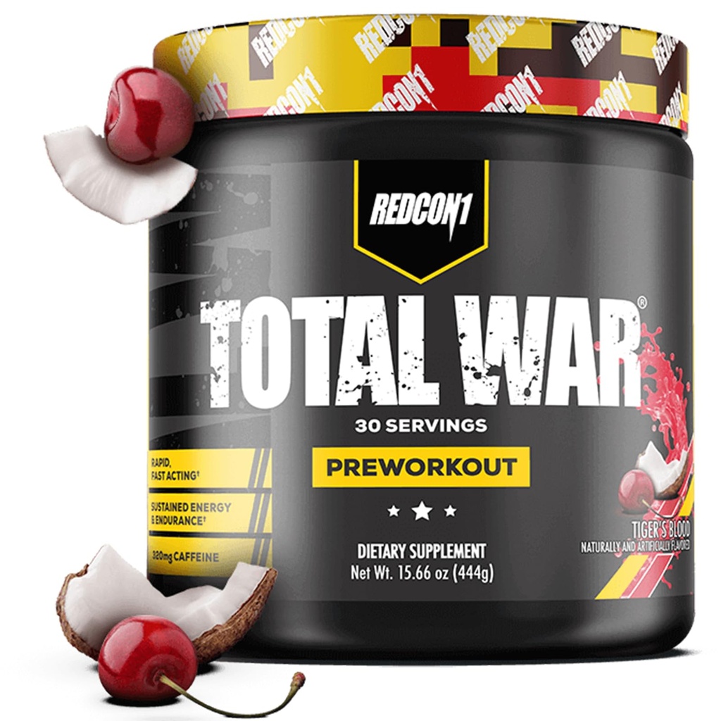 REDCON1 Total War Pre Workout, Tiger's Blood - L Citrulline, Malic Acid, Green Tea Leaf Extract for Pump Boosting Pre Workout for Women & Men - 3.2g Beta Alanine to Reduce Exhaustion (30 Servings)