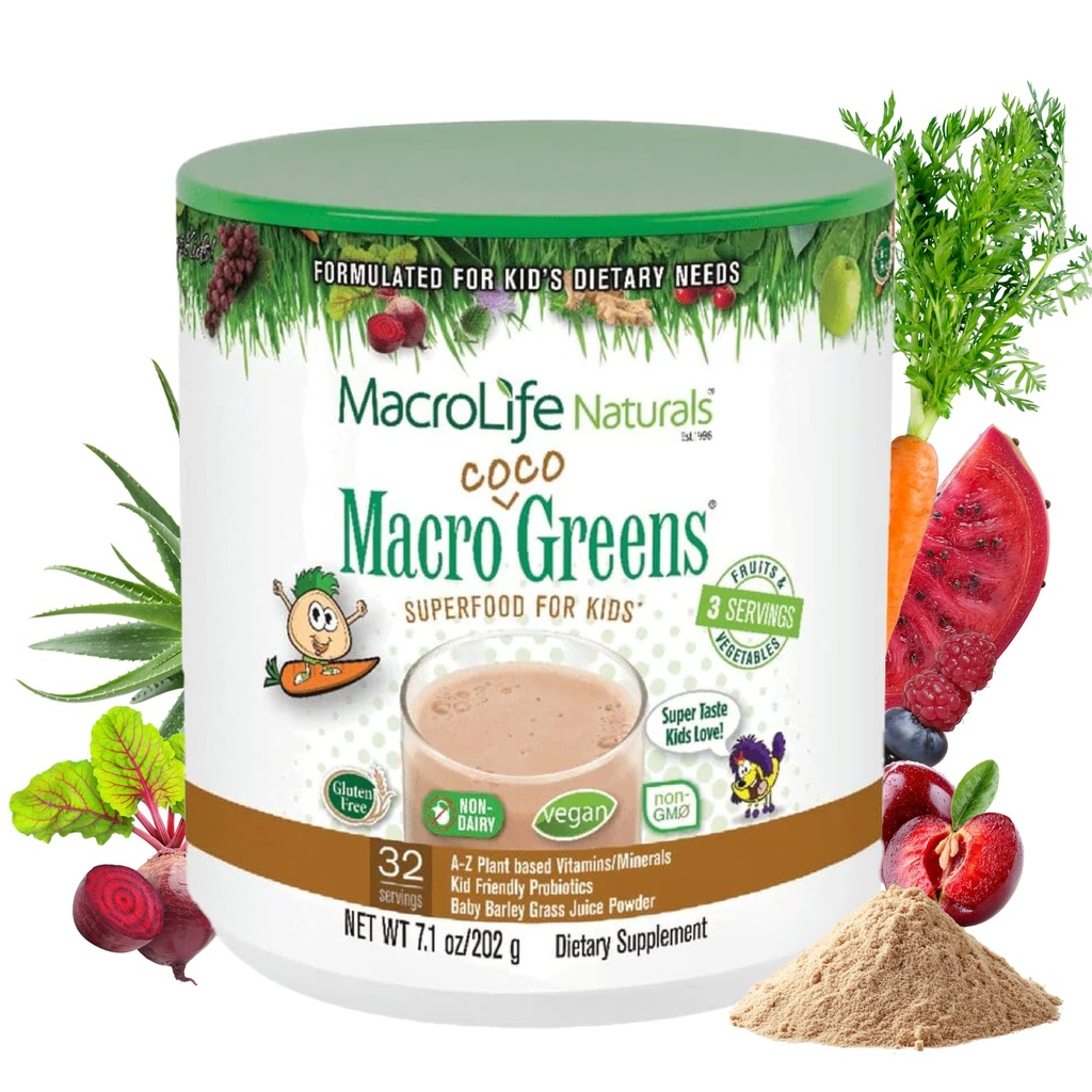 MacroLife Naturals MacroCoco Greens Chocolate Superfood Toz for Kids Raw Fruits Veggies Probiyotiks & Digestive Enzymes, Immunity Energy, Non-GMO, Vegan, Gluten, Dairy Free - 7oz (32 hizmet)