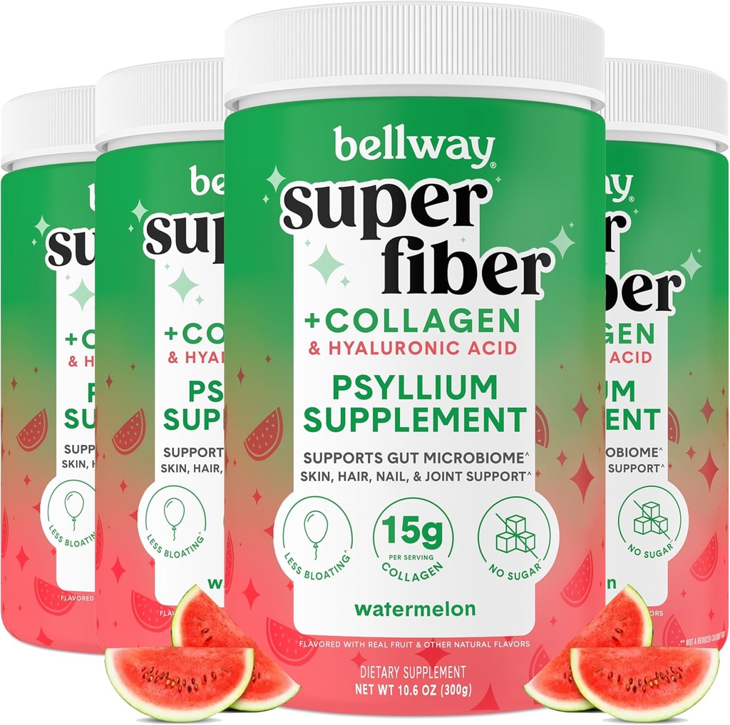 Bellway Super Fiber Powder + Collagen (4 Pack), Sugar-Free Psyllium Husk Powder with Collagen Peptides and Hyaluronic Acid for Gut Health, Healthy Skin, Nails, Bones & Joints, Watermelon (42.4 oz)
