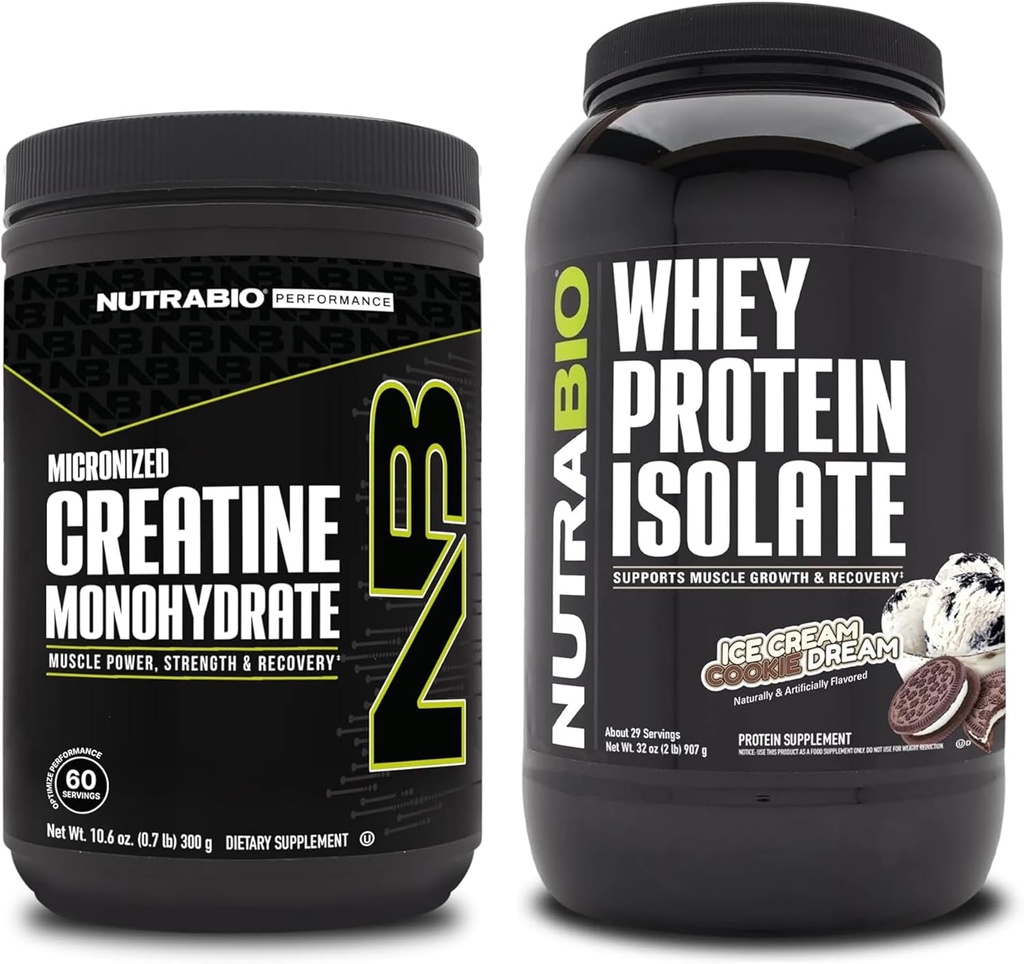 NutraBio Kretine Monohidrat, Unflavored, 300g ve Whey Protein Isolate, Buz Kremi Rüyası, Tamam Grafik - Kas Enerji, Lean Kas Büyüme, Kurtarma ve Güçlü