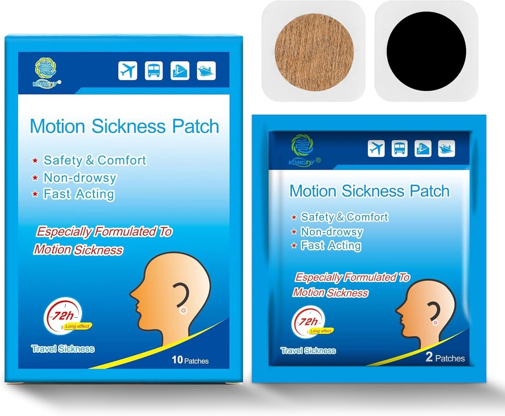 KONGDY 10 Counts Motion Sickness Patches for Kids Adults, Seasick Patch for Cruise from Travel with Waterproof and Non Drowsy, Sea Sickness Patches Behind Ear