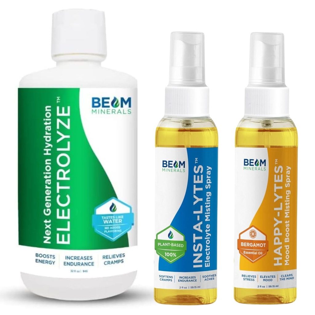 Beam Minerals Electrolyte Imbalance Çözüm Elektrolyze ve Insta-Lytes Natural Liquid Electrolytes 2oz ve Happy-Lytes Fulvic Electrolyte Misting Spray 2oz