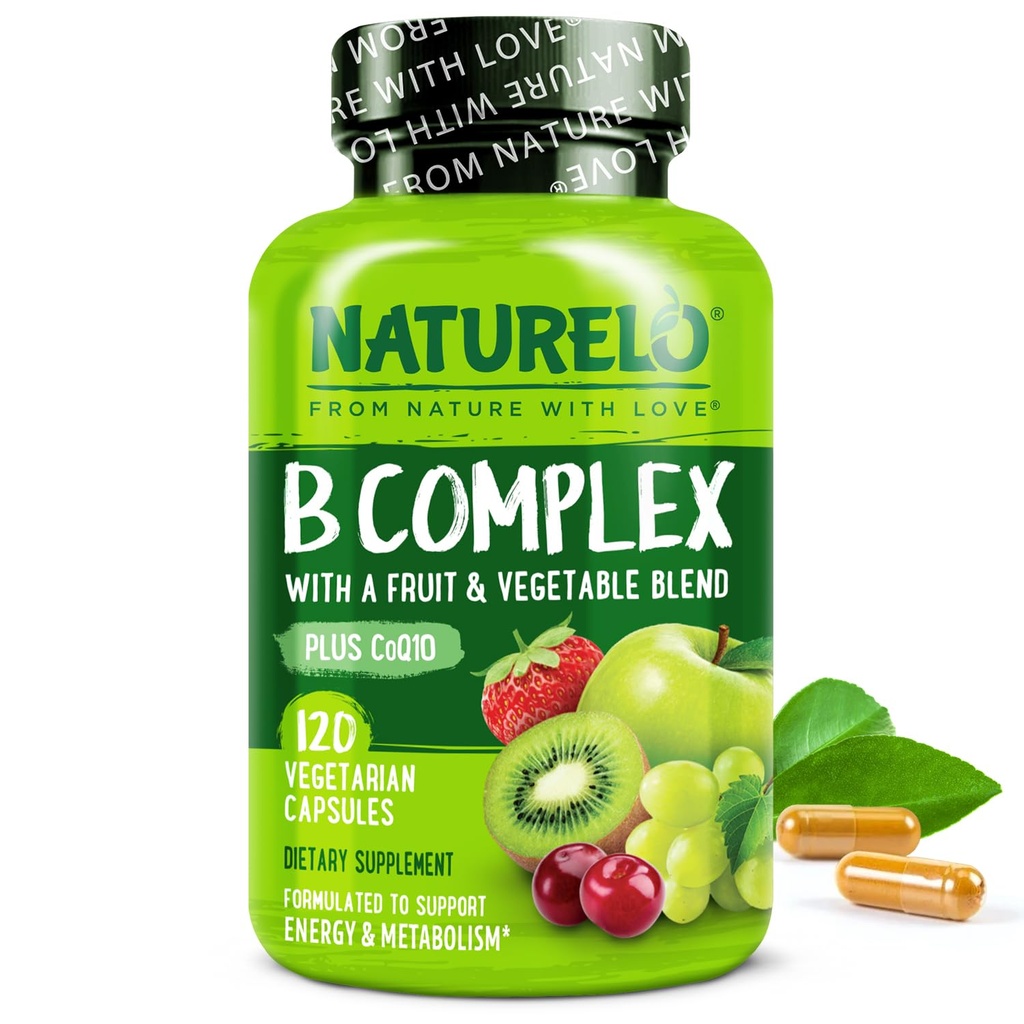 NATLO Vitamin B Kompleksi,120 Capsules, Vegan, CoQ10, Metil Folate, Biotin, Meyve ve Veg Mix, Enerji ve Sağlıklı Stres Yanıtı, Kadın ve Erkekler için Süper B Kompleksi