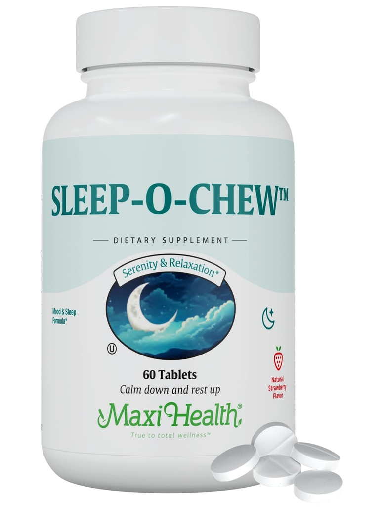 Maxi Health Sleep-O-Chew Strawberry Chewable Tabletleri Magnezyum Inositol, L-Tryptophan, 3 mg Melatonin for Sleep Support - Non Habit Form Sleep Aid for Yetişkinler, Kosher Sleep Supplement, 60 Count