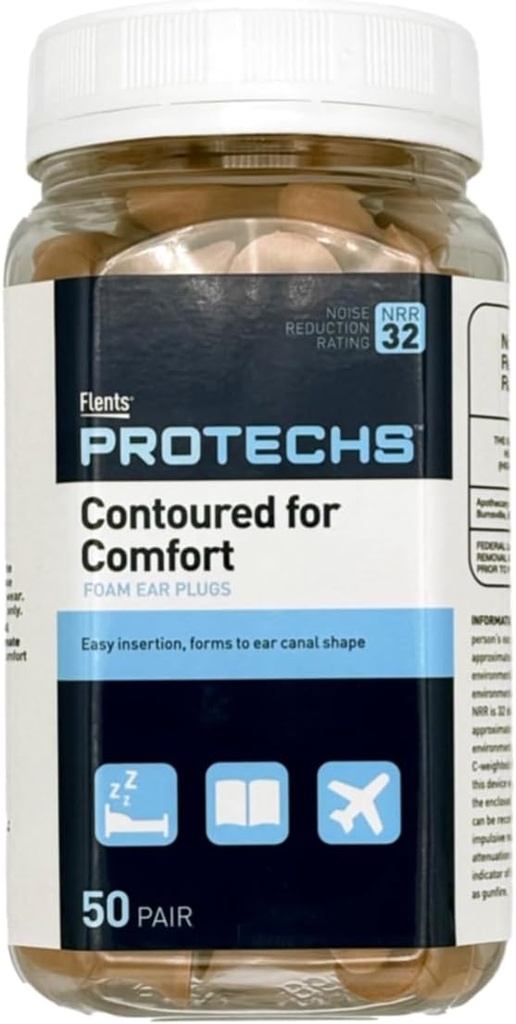 Flents Protechs Single Ear Plugs, Contoured for Comfort, Ideal for Work, Loud Gürültü, Heavy Machinery, Construction, Studying, Shooting & Traveling, NRR 32, Beige, Easy to Use, 50 Pair