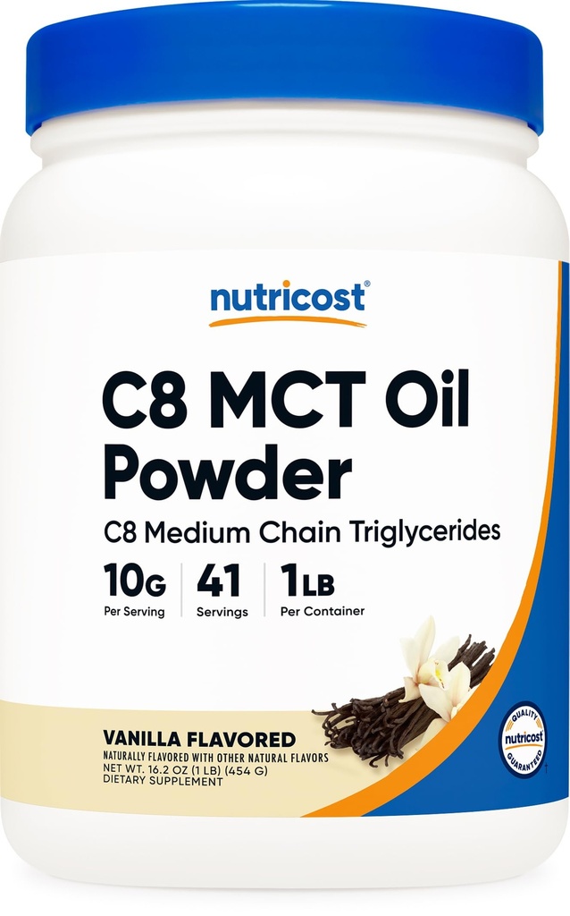 Nutricost C8 MCT Oil Powder 1LB (16oz) Vanilla Flavor - 95% C8 MCT Oil Powder, Best for Keto Diets, Non-GMO, Gluten Free