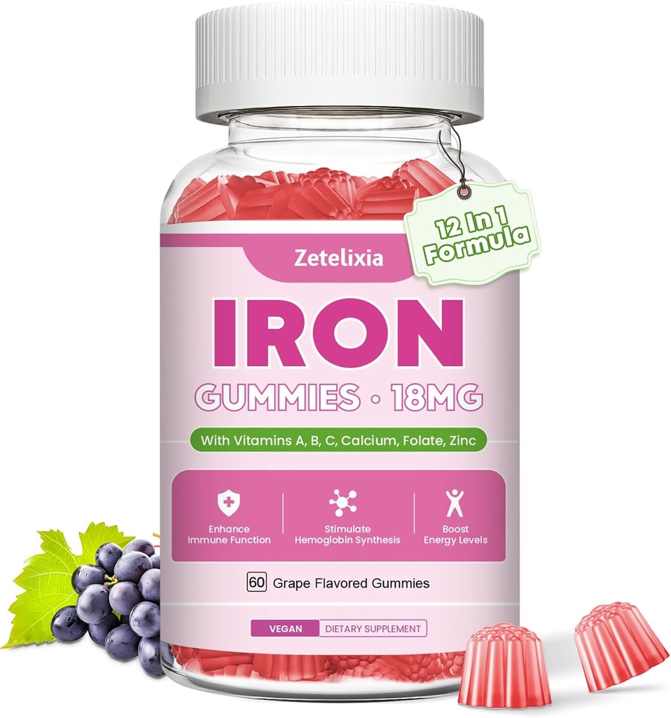 Vegan Demir Kadın ve Erkekler için Gummies, Anemia, Blood Builder & Energy Support for Iron Deficiency, C, A, B Kompleksi, Folate, Beet Root, CoQ10, çinko, Sugar Free, 60 Kont