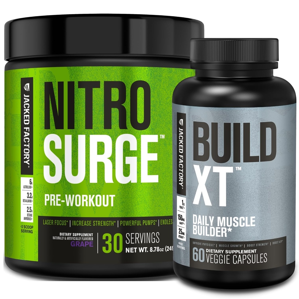 Jacked Factory Nitrosurge Pre-Workout in Grape & Build XT Muscle Building Sche for Men & Women