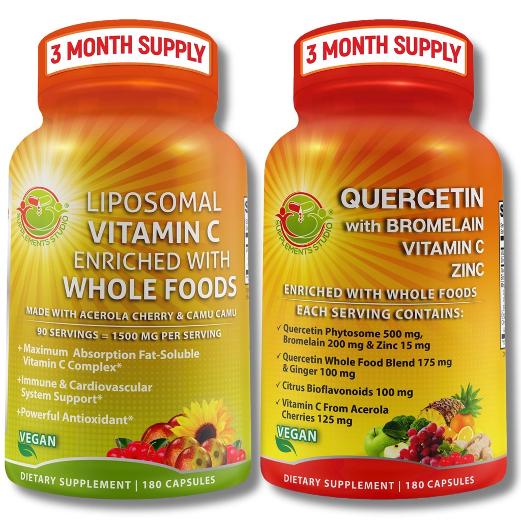 Bromelain, Vitamin C & Çinko + Liposomal Vitamin C 1500 mg - Organik Acerola Cherry, Camu Camu & Citrus Bioflavanoids - Vegan, Non-GMO, Clean Wellness Support Sche,