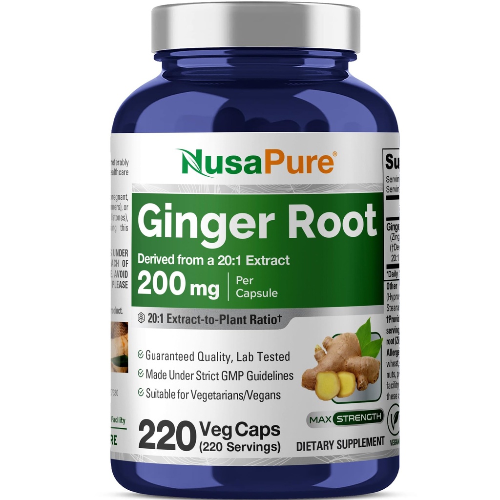 NusaPure Ginger Root Capsules 20:1 Ekstraksiyon, 200 mg Veggie Caps başına 4.000 mg Eşlik | 220 Kont | Non-GMO
