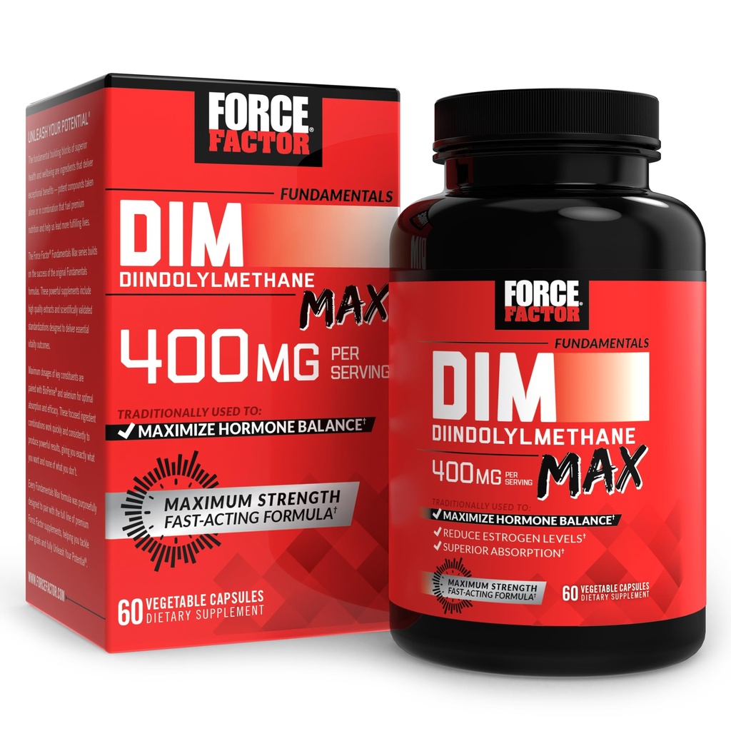 FORCE FACTOR DIM Max, DIM Supplement 400 mg, Kadınlar ve Erkekler için Estrogen Dengesi, Hormonal Acne, Metabolism, Menopause, Ps, Diindolylmethane, Üstün Aborpsiyon, 60 Capsules