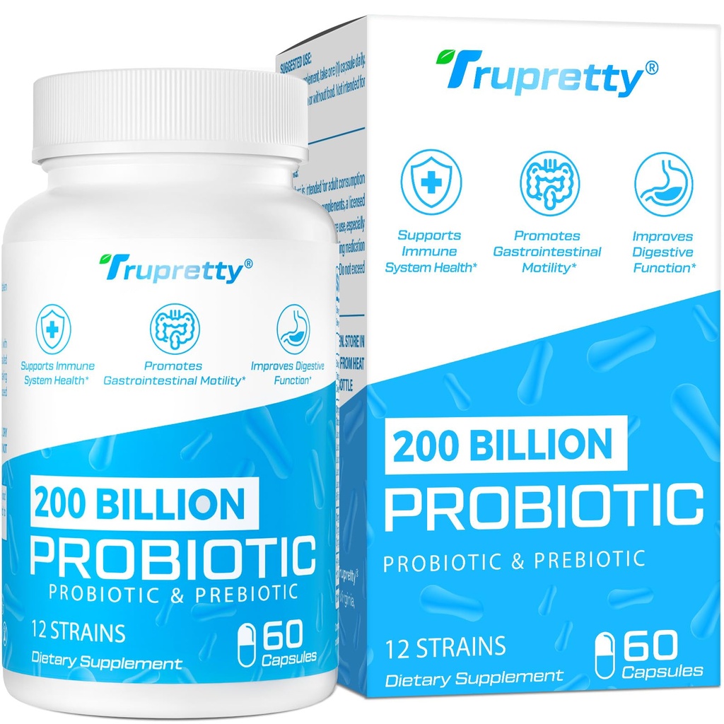 200 Billion Cfus 12 Strains Probiotic, with 3 Organic Prebiotics, Probiotics for Women Men, Daily Supplement for Immune, Gut, Digestive Health, Shelf Stable, Non GMO, 60 Caps (60-Days Supply)