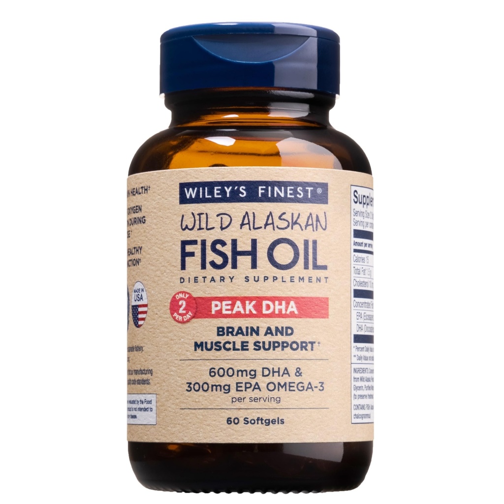 Wiley's Finest Wild Alaskan Fish Oil Peak DHA - 900 mg EPA ve DHA Omega-3s - 60 Softgels (30 hizmet)