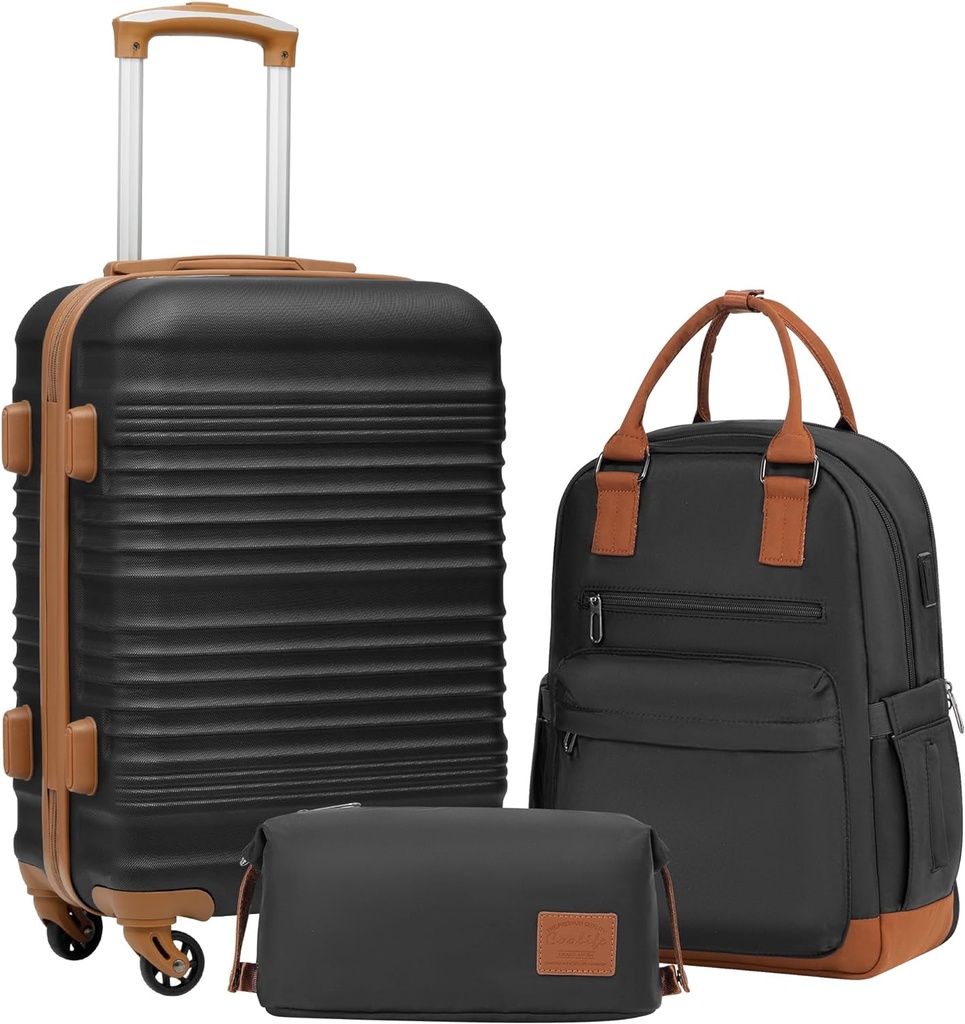 Coolife Bagaj 3 Adet Bagaj Setleri TSA Lock Spinner Wheels (Black, 3 parça seti (BP/TB/20) ile sert bir şekilde Bagaj Taşıdı