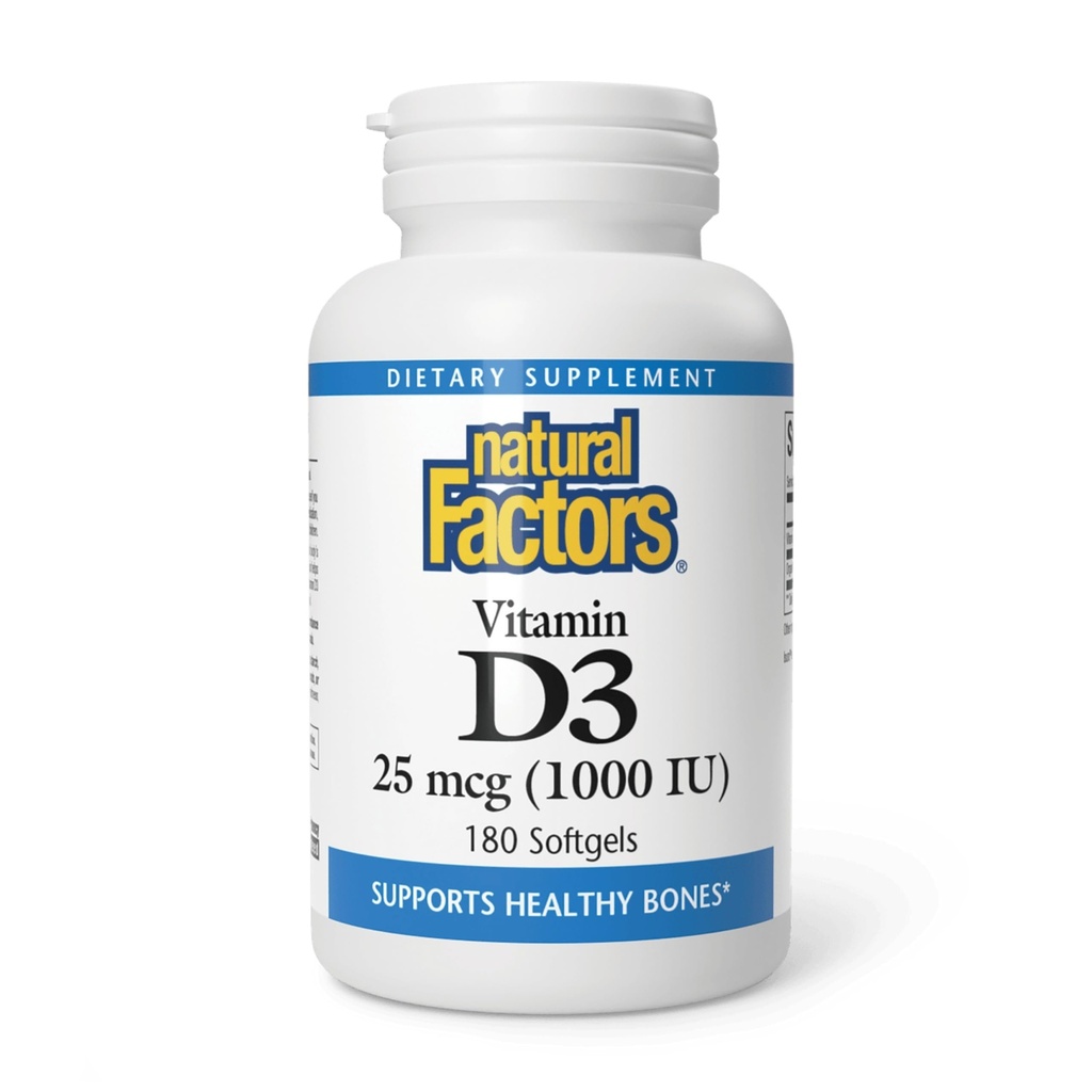 Doğal Faktörler, Vitamin D3 1000 IU (25 mcg), Güçlü Bones, Kass ve Immune Function, 180 Tabletler