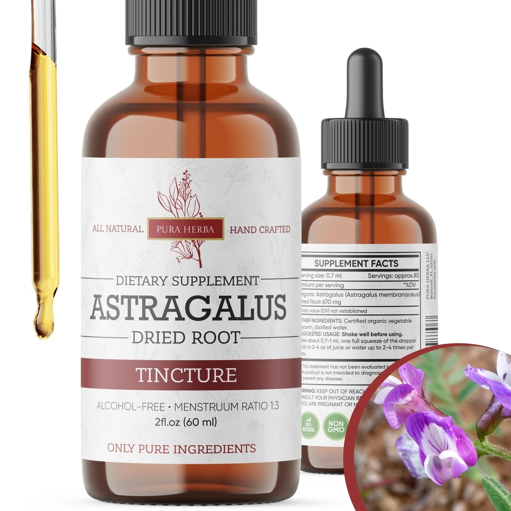 Organik Astragalus Tincture - Immune Support için Premium Astragalus Kökleri - Alkol Özgür, Şekersiz, Vegan - Yüksek Potency Liquid Supplement - Amerika'da Yapıldı - 2 Fl.Oz.