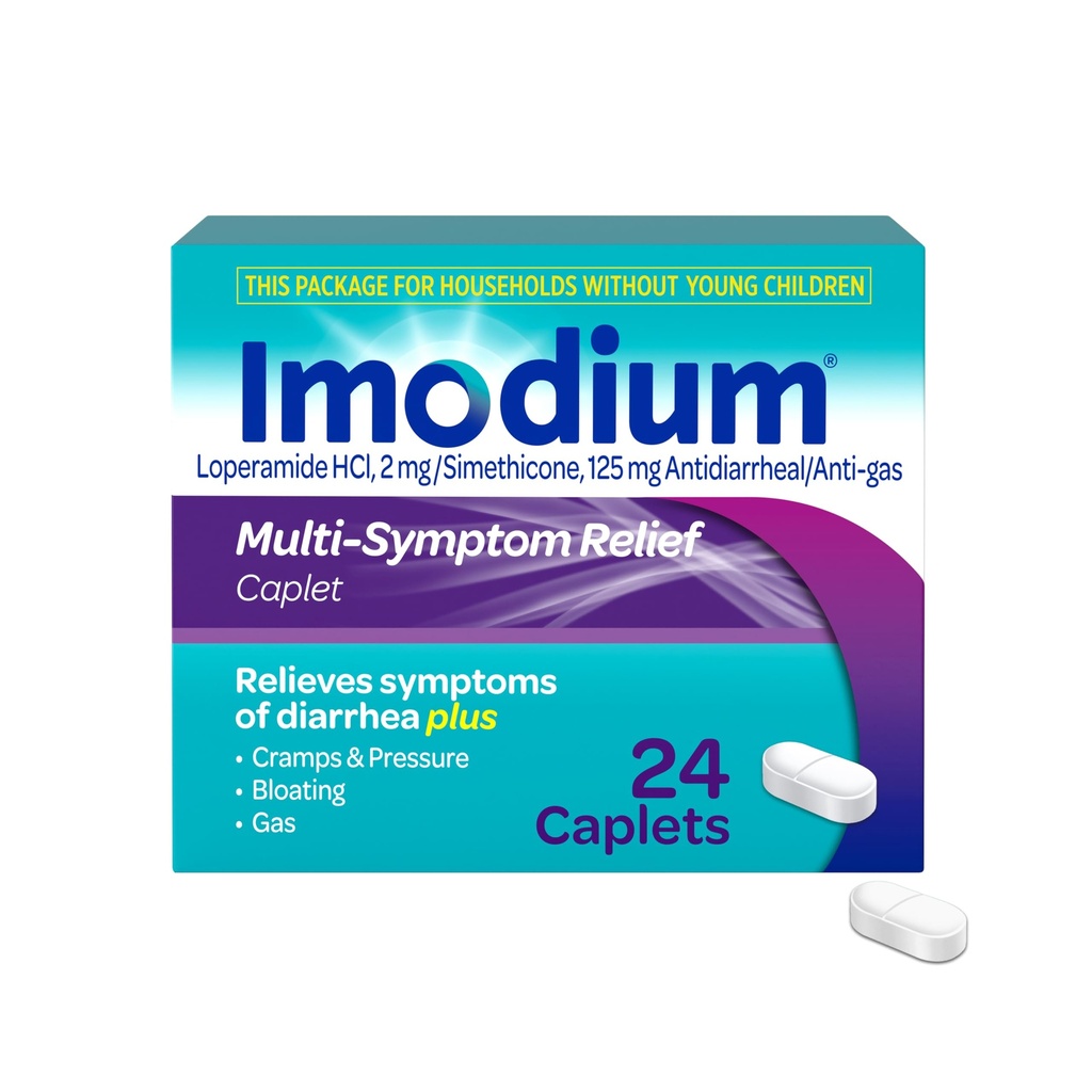 Imodium Multi-Symptom Relief Caplets with Loperamid Hydrochloride & Simethicone, Anti-Diarrheal Medicine for Treatment of Diarrhea, Gas, Bloating, Cramps & Basınç, Easier to Open, 24 ct