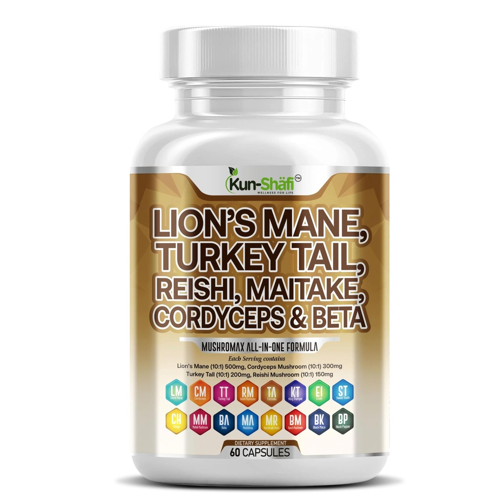 Lions Mane Mushroom Supplement 20in1 with Turkey Tail Reishi Cordyceps Chaga Maitake Meshima Poria Cocos Shiitake Oyster Porcini Enoki – Brain, Focus & Immune Support – 60 Capsules
