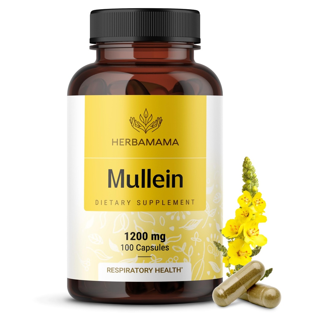 HERBAMAMA Mullein Leaf Capsules - Lung Detox Desteği için 1200 mg Mullein Broşürü - Vegan, Non-GMO Respiratory Lung Cleanse Supplement