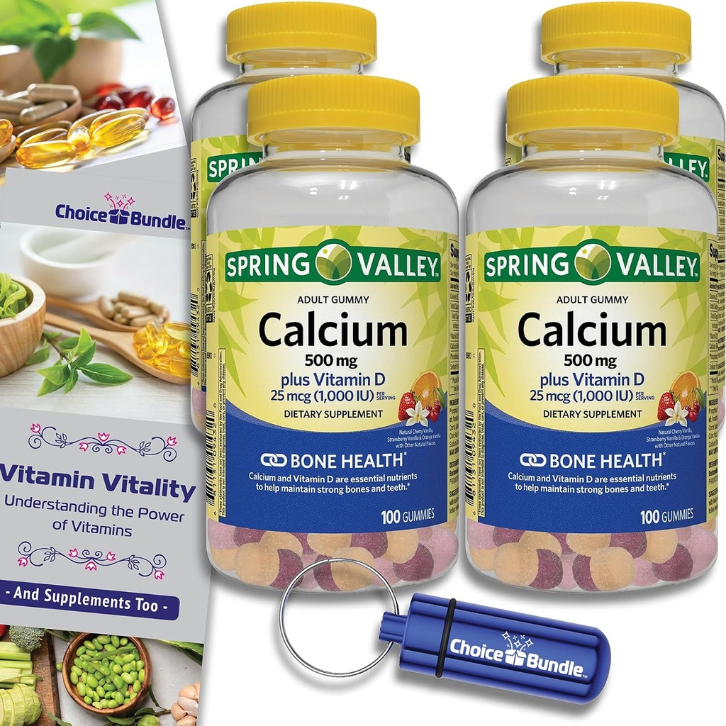 Seçenek Sche Spring Valleyuba 500 mg Plus D 25 mcg Bone Health Diyetary Supplement Gummies, 100 Ct 4 pk (400 Toplam) + Vitamin Rehberi ve Pill Konteyner (6)!