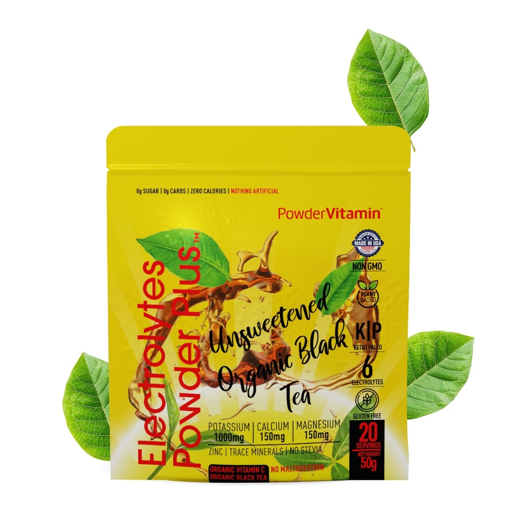 TozVitamin Electrolytes Toz Plus (20 Hizmet) Unsweetened Black Tea Electrolyte Toz Keto,SugarFree, Pink Himalaya Salt,1000 mgPyum,150 mgCalcium,150 mgMagnesium,Hydration Toz NO STEVIA