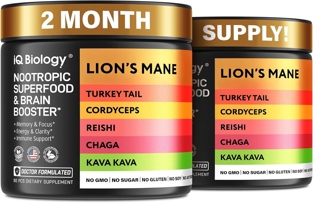 Kava Kava Root Cordyceps Lions Mane Reishi Mushroom Supplement, Nootropic Mushrooms Capsules Kava Extract, Mushroom Vitamins for Women, Energy Mushrooms, Ashwagandha, Magnezyum - 60 Caps (2 Paket)