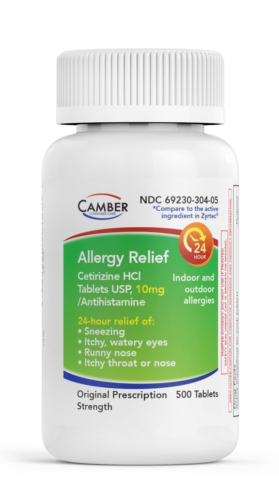 CAMBER PHARMACEUTICALS, INC Cetirizine HCI 10mg Tabletler, 24 Saat Alerjisi Yardımı, Alerji ilaçları - 500 Kont