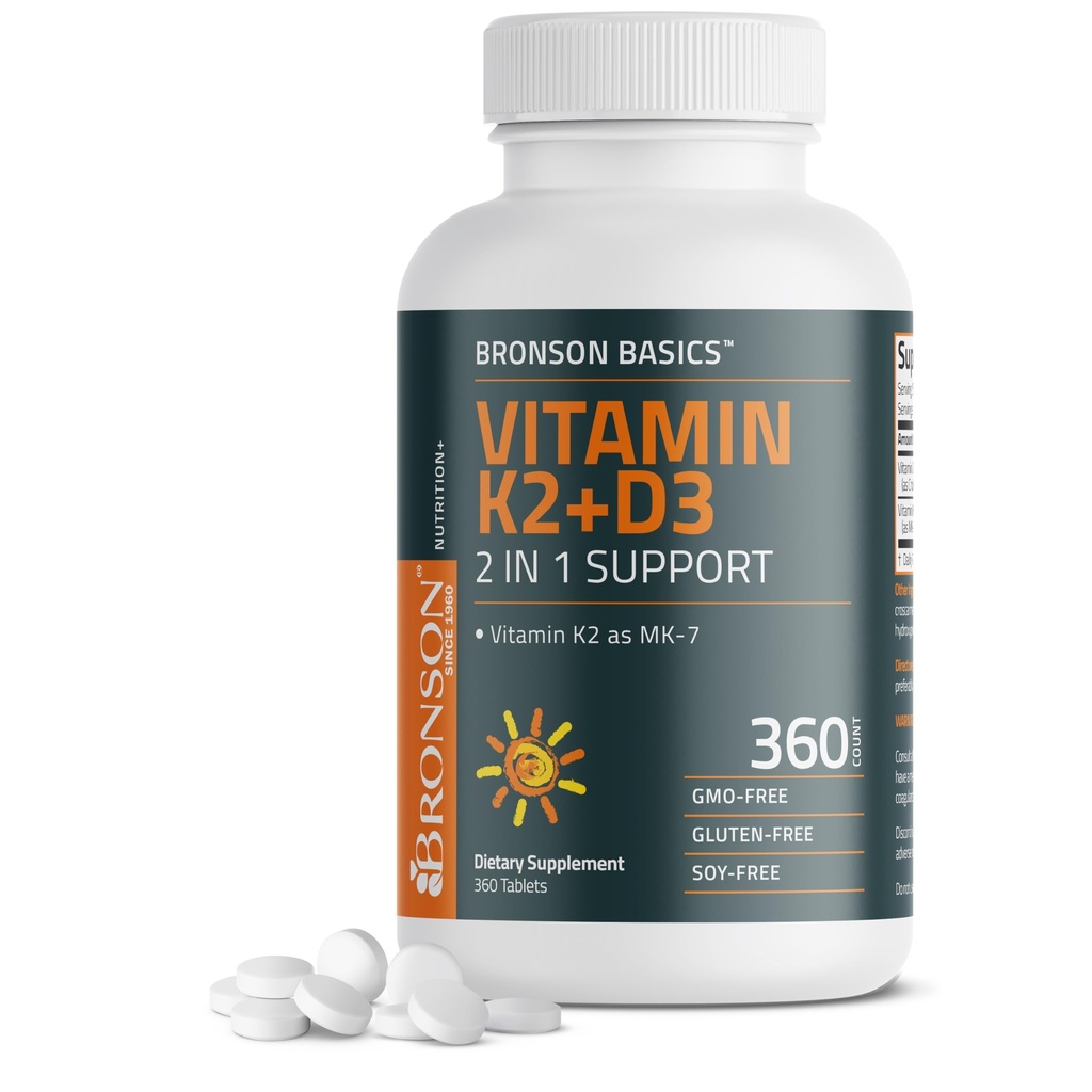 Bronson Vitamin K2 D3 (MK7) Tamam Non-GMO Formula D3 5000IU (125 mcg) ve 90 mcg K2 MK-7, Sw D & K Kompleksi, 360 Tabletler