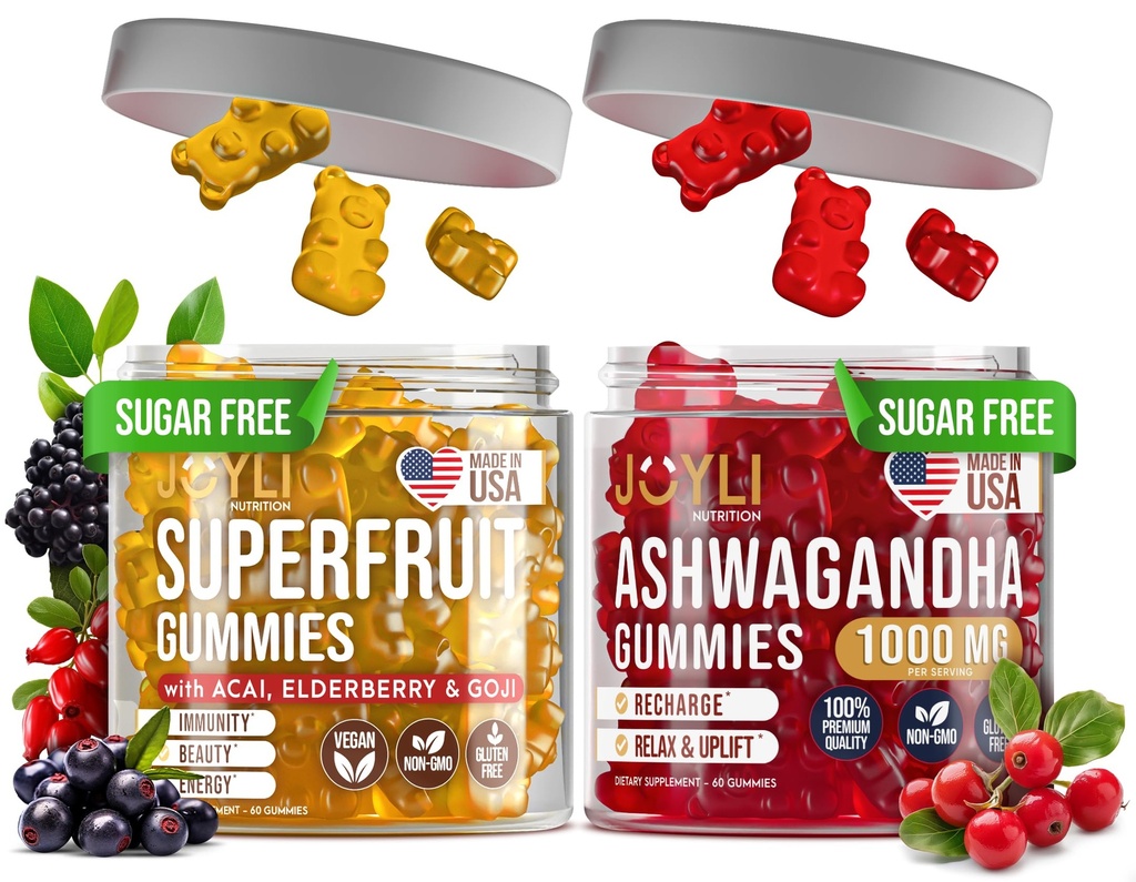 Joyli Ashwagandha & Superaving Gummies Sche – Mind & Body Balance + Daily Wellness Desteği – Vegan Multivitamin Formula ile Makyaj, Yaşlılık, C, D & çinko – Yetişkinler için 2 Pack