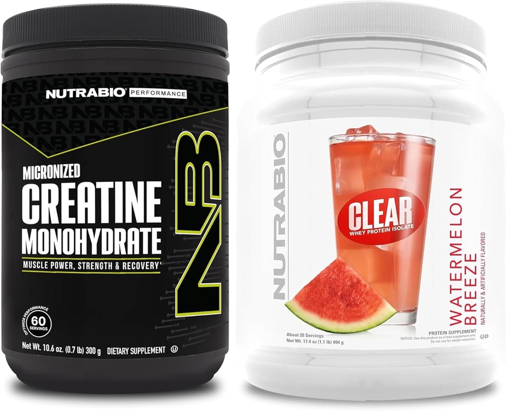 NutraBio Kretine Monohidrat, Unflavored, (300 g) ve Clear Whey Protein Isolate, (Watermelon Breeze) Tamam Sche – Kas Enerji, maksimum Büyüme, Kurtarma ve Güçlü