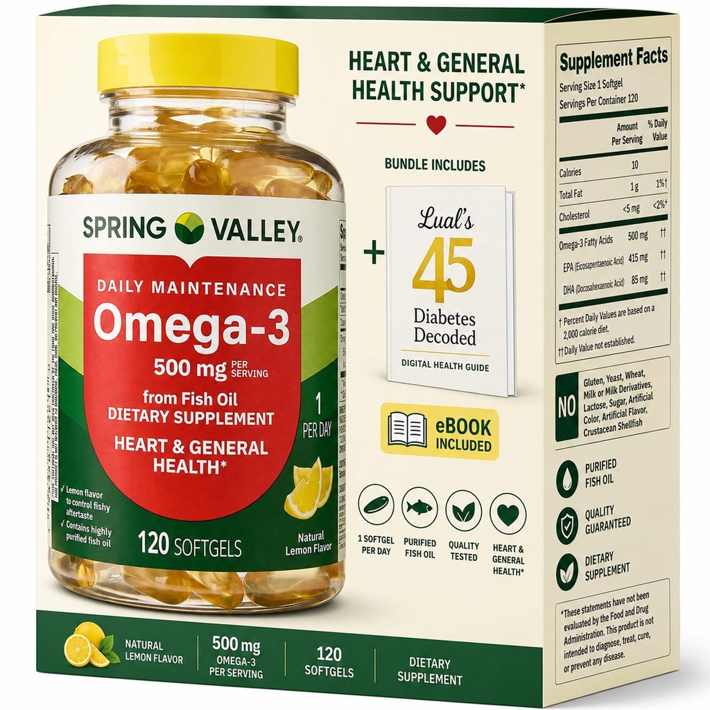 Spring Valley Omega-3 Balık Yağı 500 mg 120 Kont, SoftGels, General & Heart Health Diyetary Supplement Sched Luall's 45 Diabetes Decoded
