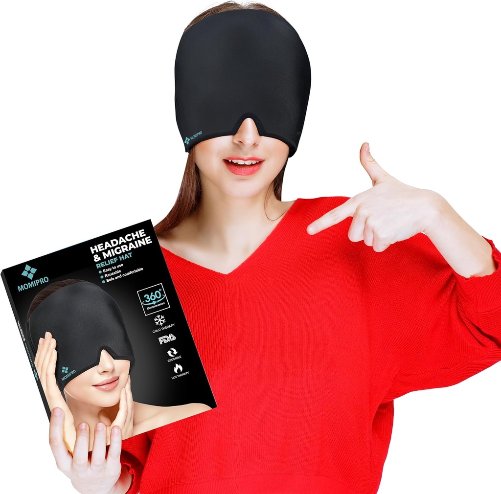Migraine Headache Relief Cap, 360 Full Head Hot and Cold Therapy Hat with Cool Gel, Ice Head Wrap and Cold Pack Mask, Eye Cap for Tension and Stress Relief