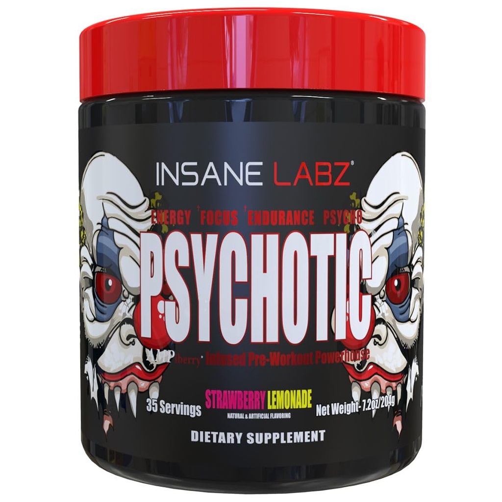 Insane Labz Psychotic, High Stimulant Pre Workout Toz, Extreme Lasting Energy, Focus and Endurance with Beta Alanine, Kretine Monohidrat, DMAE, 35 Srvgs (Strawberry Lemonade)