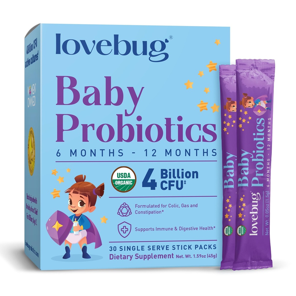 Bebekler için LOVEBUG Probiyotikler - Organik Bebek Probiyotikleri 6-12 Ay Bebek Immune Desteği, Gaz, Colic, Diarrhea & Infant Constipation Relief Sugar-Free, Tasteless Toz, 30 Pack