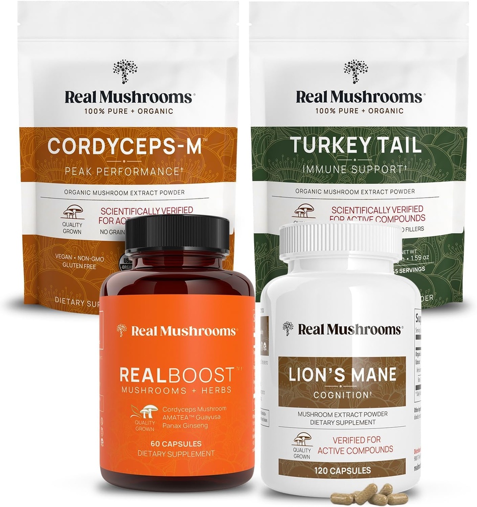 Gerçek Mushrooms RealBoost (60ct), Lions Mane (120ct), Cordyceps & Türkiye Tail Mushroom Toz & Capsules Sche - Mushroom Supplement for Energy, Vitality, Endurance & Cognition - Vegan, Non-GMO