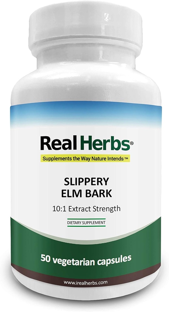 Real Herbs Slippery Elm Bark Extract-Derived from 7000mg of Slippery Elm Bark with 10:1 Extract Strength- Soothes Soreness of Mucous Membranes, Antioxidant Skin Health Support–50 Vegetarian Capsules