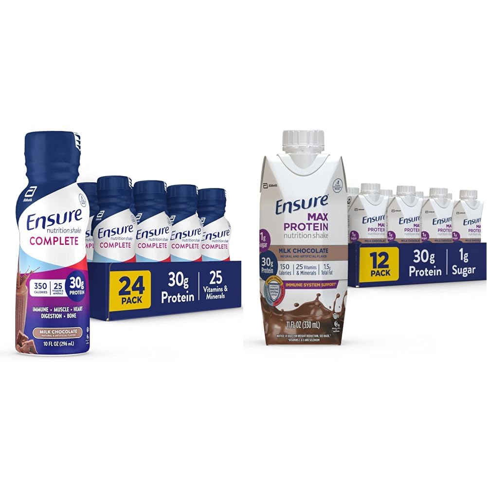 Ensure COMPLETE Nutrition Shake & Max Protein Nutrition Shake with 30g of Protein, 1g of Sugar, High Protein Shake, Milk Chocolate, 11 Fl Oz (Pack of 12), Liquid, Halal