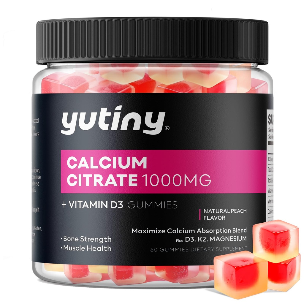 Kalsiyum Citrate Gummies, Ekstra Abhidrolikül Citrate 1000 mg with Vitamin D3, K2 & Magnezyum, Bone, Muscle Health, 60 Count Count Count