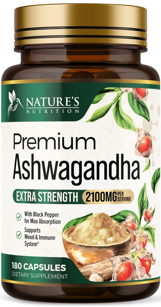 Ashwagandha Supplements - 2100 mg Ashwagandha Capsule for Women & Men, Natural Antioksi Support, Ashwa Root Extract, Extra Strength Calm Support with Black Pepper, Vegan & Gluten Free - 180 Capsules