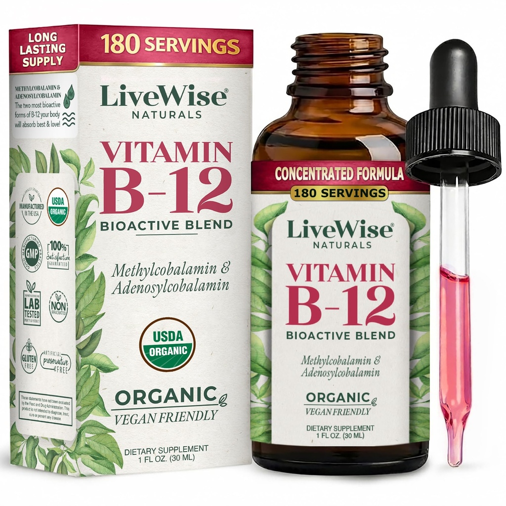 LiveWise Naturals B12 Vitamin Drops Non-GMO, Organik Bioaktif pla for Energy, Clarity, Focus, and Easy Abxia, Adenosylcobalamin & Torchcobalamin Supplement, Vegan, Gluten-Free, Dairy-Free
