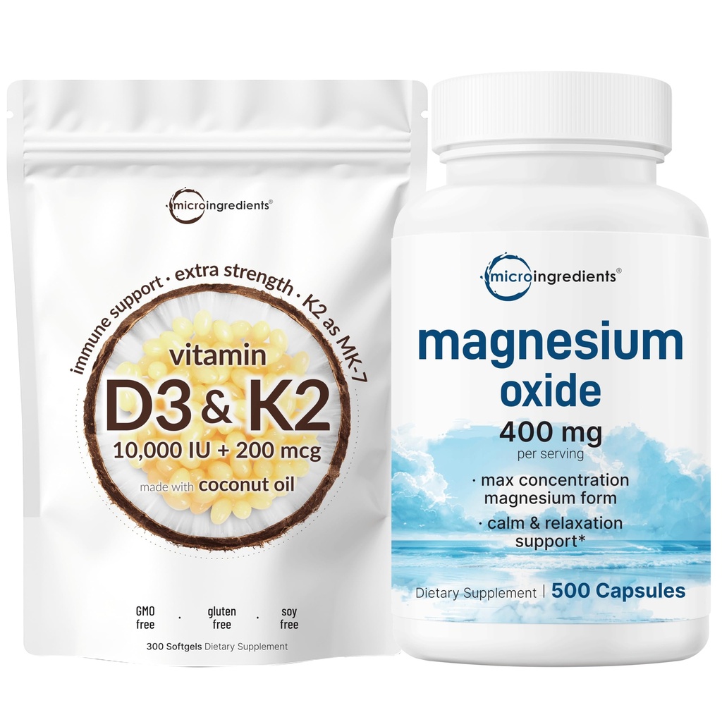 Mikro Malzemeler D3 10.000iu + K2 200 mcg Coconut Oil Yumuşakgels & Magnezyum Oksit 400 mg Paket | Essential Sunshine Vitamins | Max Concentration için Elemental Form