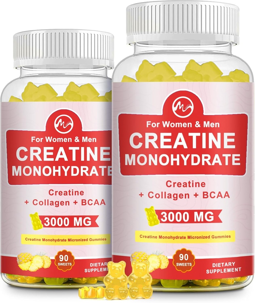 Tinatine Gummy, 3g of Tinatine Monohidrat per Service, Sugar Free Tinatine Monohidrat Gummy for Muscle growth and Strength with 0,5g Collagen, 0.2g BCAA, 60 Services, Pineapple Flavor, 2 Pack