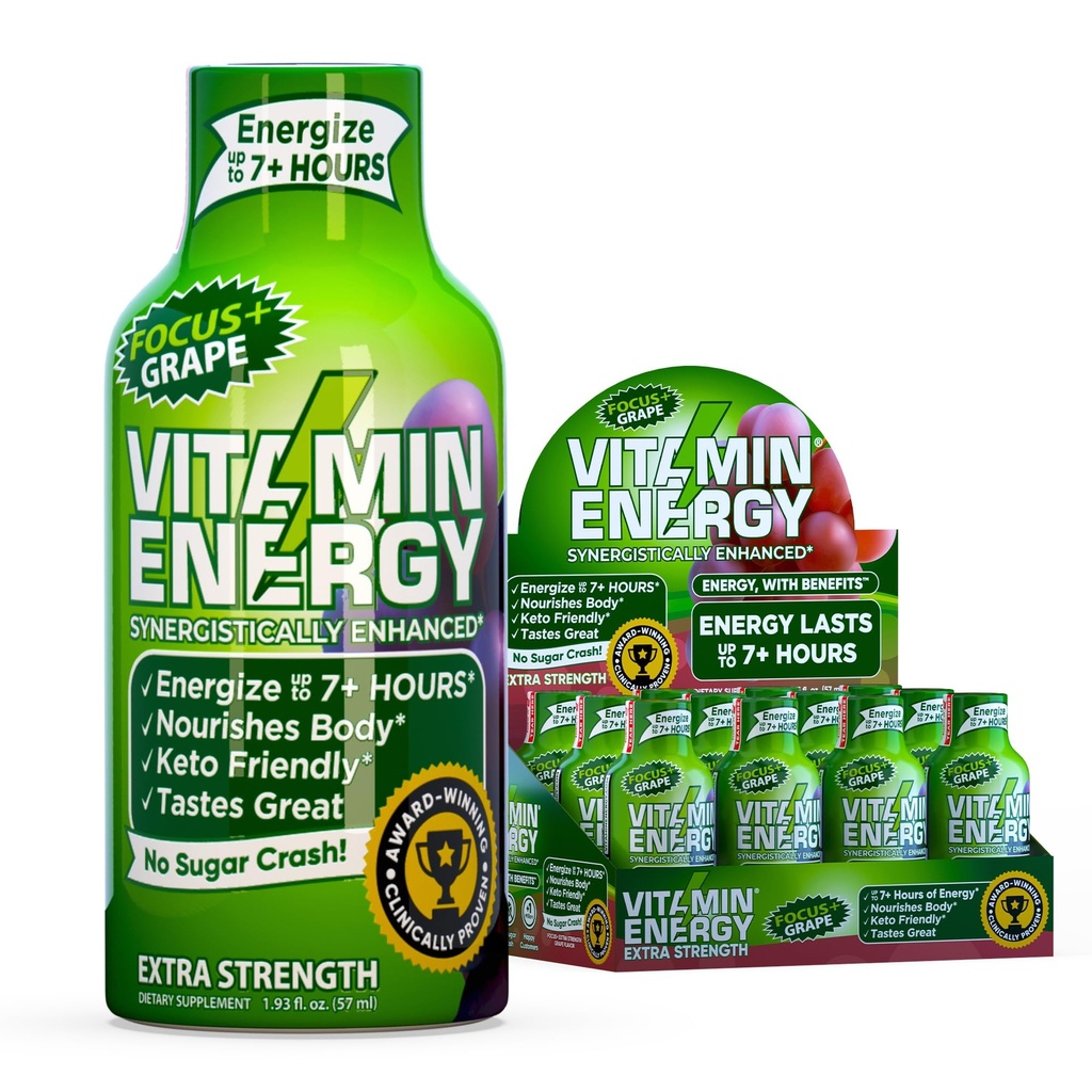 Enerji Focus+ Ekstra Güçlü Enerji Shot Grape 12 Paketi, 260 mg Natural Caffeine, B-Vitamins, CoQ10, Amino Asits, Focus, Verimlilik & Clarity, Zero Sugar, Gluten-Free, 1.93 fl oz