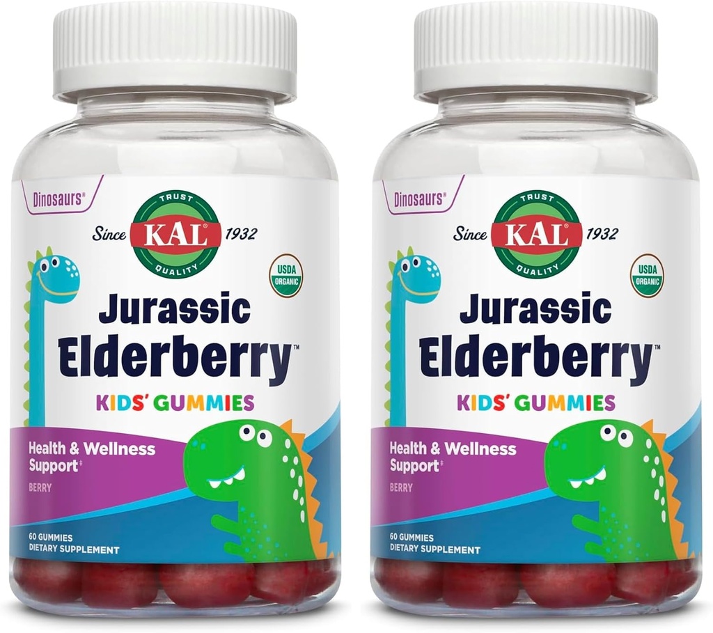 KAL Jurassic Elderberry Kids Gummies | Sağlıklı Immune Desteği | USDA Organik, Vegan, Gluten Free | 30 Serv, 60 Ct (Pack of 2)