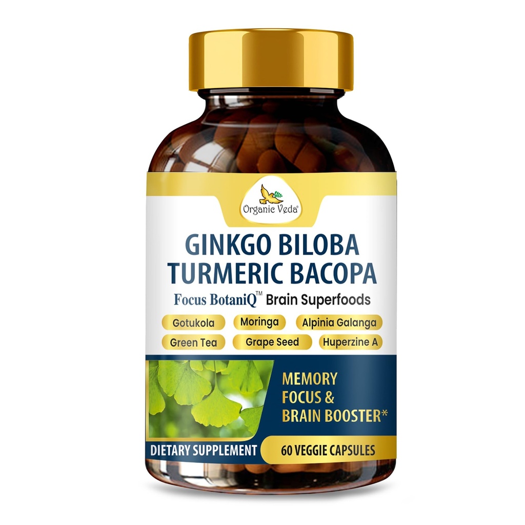 Organik Veda Ginkgo Biloba Turmeric Bacopa Brain Supplement for Memory, Mood & Focus with Ashwagandha - Concentration, Energy & Brain ATM, Sağlıklı Ortaklar ve Sörek Desteği - 60 Vegan Capsule Capsule