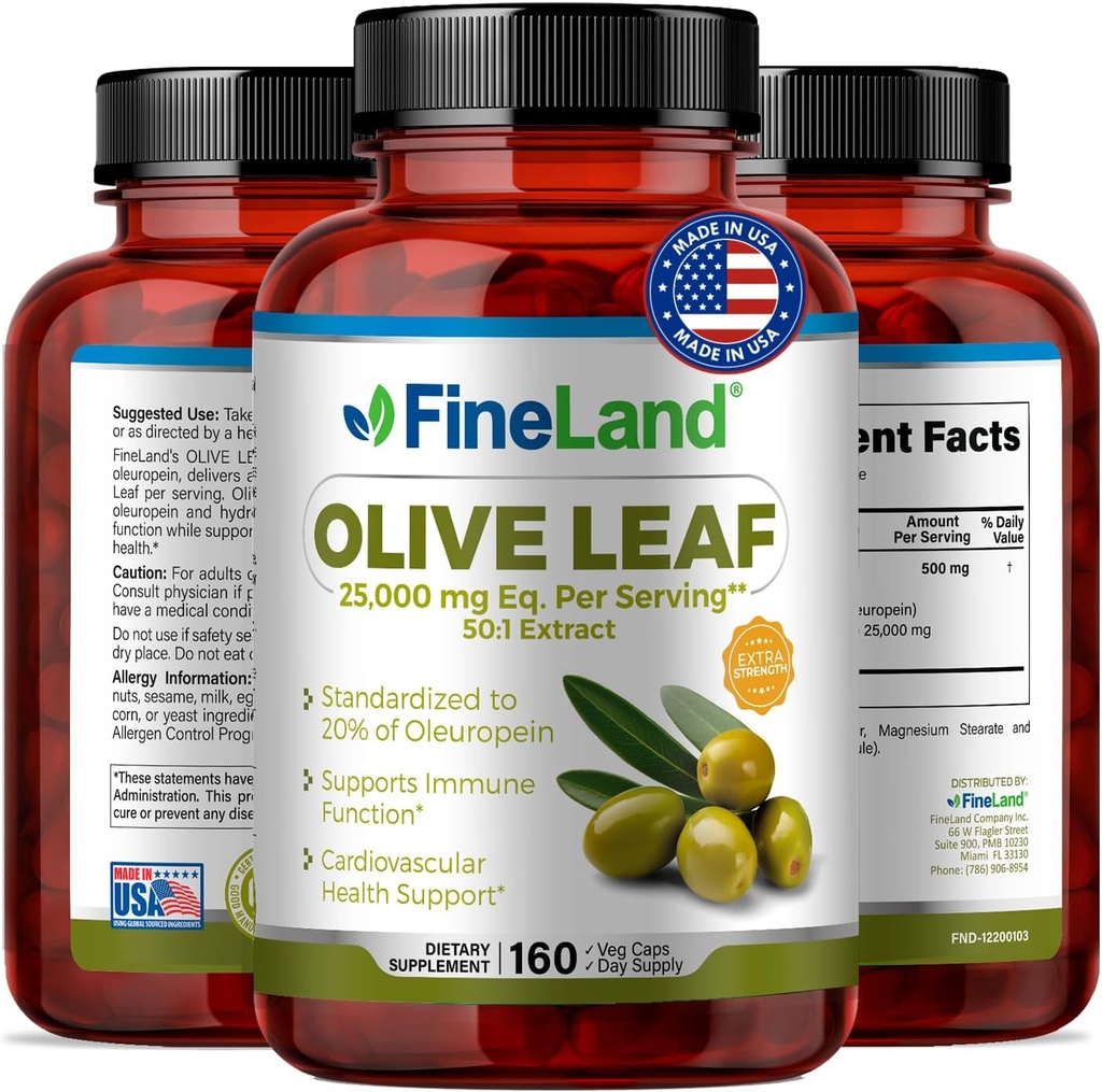 FineLand Olive Leaf Extract 50x – 25mg Eq. per Service | 160 Vegan Caps, Zeytinyağı %20 Ol Europein | Herbal Antioksi Supplement for Circulatory and Immune Support, Made in USA