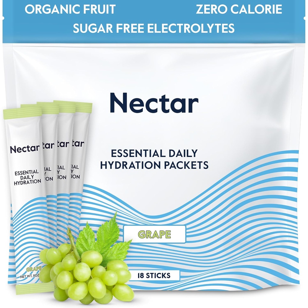Nectar Hydration Packets - Electrolytes Toz Paketleri - Sugar Free & 0 Calorie - Organik Meyve Sıvı Günlük IV Hydrate Sticks for Dehidrasyon Relief & Rapid Rehidr (Grape 18 Pack)