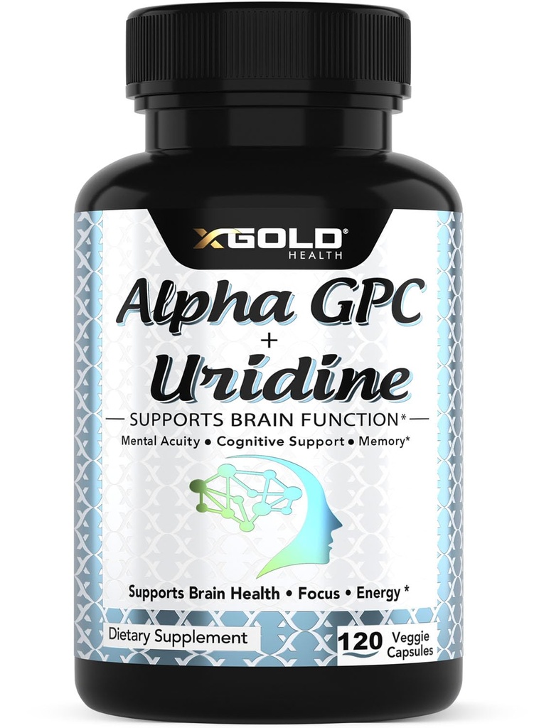 Alpha Gpc + Uridine 900 mg - Boost Focus, Memory, Energy, Mood & Cognitive Performance - 120 Vegetarian Capsules için Güçlü Nootropic