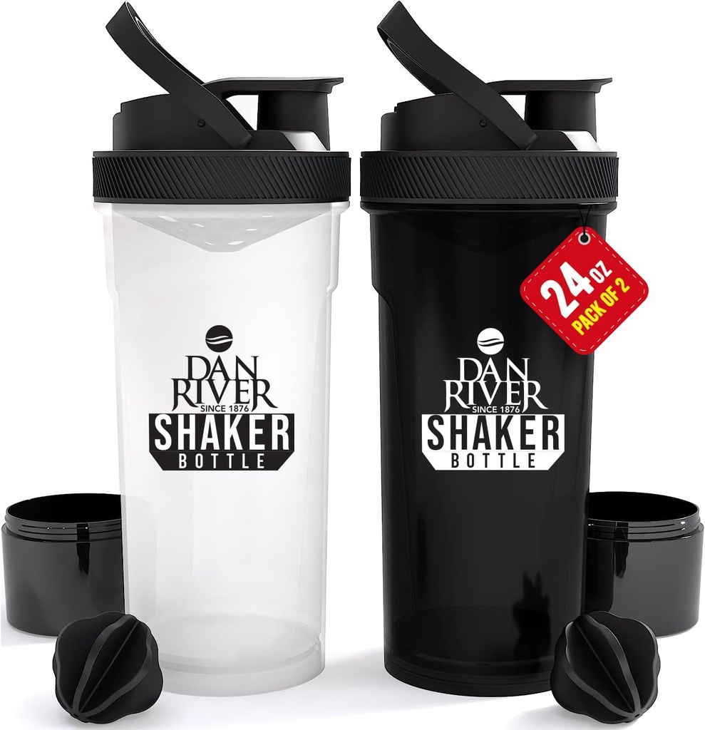 DAN RIVER 2Pack Shaker Şişe | 24oz Plastik Protein Shaker & Mixer | Twist & Lock Design for Smoothies & Protein Mixes | Dayanıklı, Leak-Proof, Easy to Clean | Clear & Black Shaker Şişes for Gym