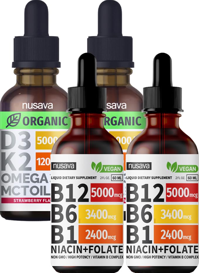 NUSAVA Vitamin B12 Sıvı Ölçeği ve Strawberry Flavored D3 K2 Sche - Kalp, Ortak, Enerji ve Immune Desteği - Gluten-Free, 2pk Her Şey